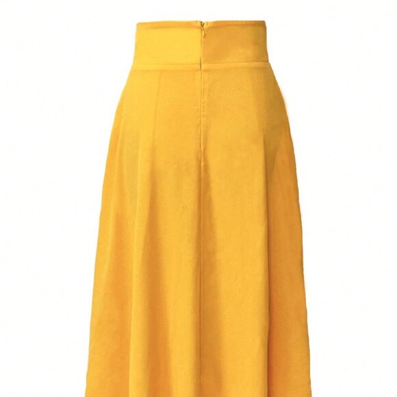 Yellow Casual Women's A-Line High Waist Tie Belt Long Skirt - Picture 3 of 4